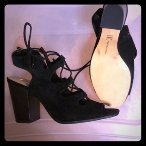 INC Black Sued Block lace up heals